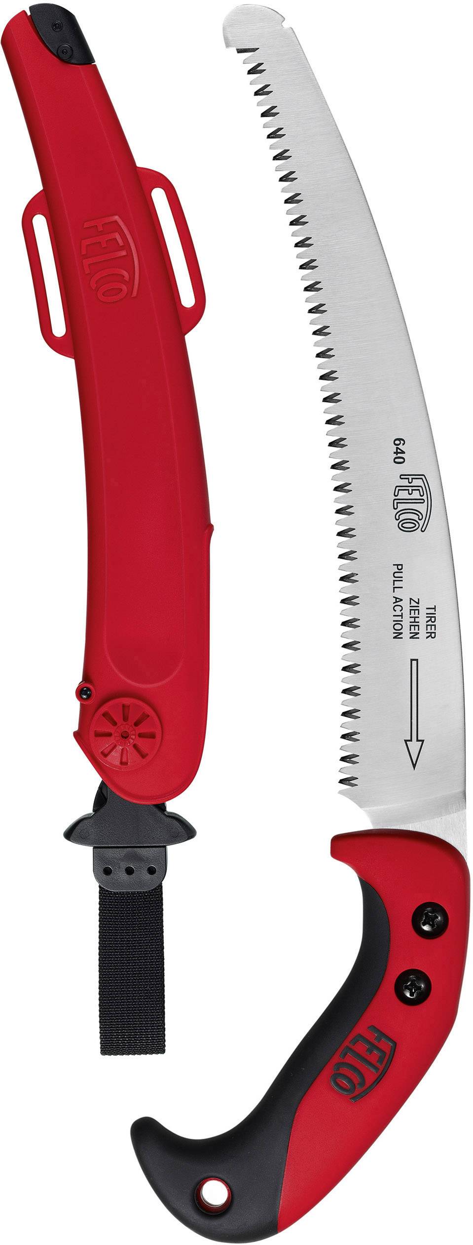 Handsäge mit gebogenem, gezahntem Sägeblatt und ergonomischem Griff. Rote Schutzhülle wird mitgeliefert. Ideal für Holzarbeiten.