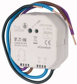 Ein weißer elektrischer Schalter mit freiliegenden Drähten zeigt Marken- und Modellinformationen. Geeignet für 230VAC, 8A, 50Hz.