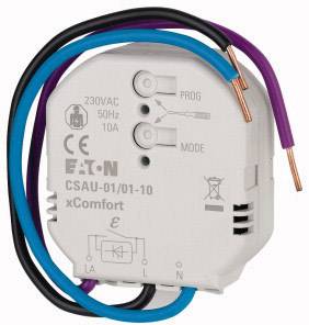 Ein weißer xComfort-Empfänger mit Modellnummer CSAU-01/01-10. Er hat fünf Anschlüsse und ist geeignet für 230VAC, 50Hz, 10A.