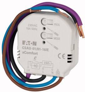 Ein intelleigenter Schalter von Eaton mit 230 V und 16 A, Modell CSAU-01/01-16IE, gezeigt mit farbigen Kabeln zum Anschluss.