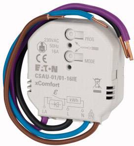 Ein weißer elektrischer Steckdosenadapter von Eaton mit verschiedenen farbigen Kabeln und technischen Details auf der Vorderseite.