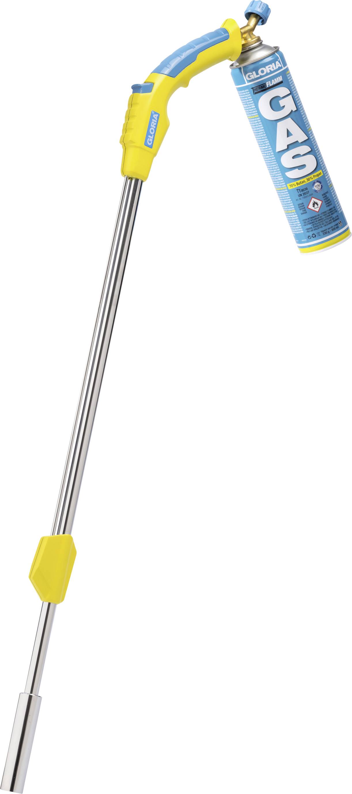 Tragbare Gasfackel mit langem Metallschaft und gelbem Griff, gezeigt mit einer blauen Gaskartusche, die oben angebracht ist.