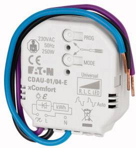 Ein elektrischer Schaltempfänger mit weißen Gehäuse und beschrifteten Symbolen, umgeben von blauen, schwarzen und violetten Drähten.