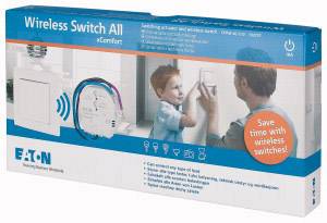 Verpackung eines kabellosen Schaltersystems 'Wireless Switch All' von Eaton, zeigt einen Mann bei der Installation an der Wand.