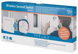 Verpackung eines drahtlosen Schalters mit Bild eines Kindes, das den Schalter drückt. Produktname: 'Wireless Second Switch'.