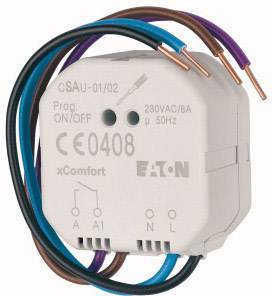 Ein elektrisches Gerät mit der Aufschrift 'xComfort' und 'Eaton', zeigt mehrere bunte Kabel und technische Spezifikationen wie '230VAC/6A'.