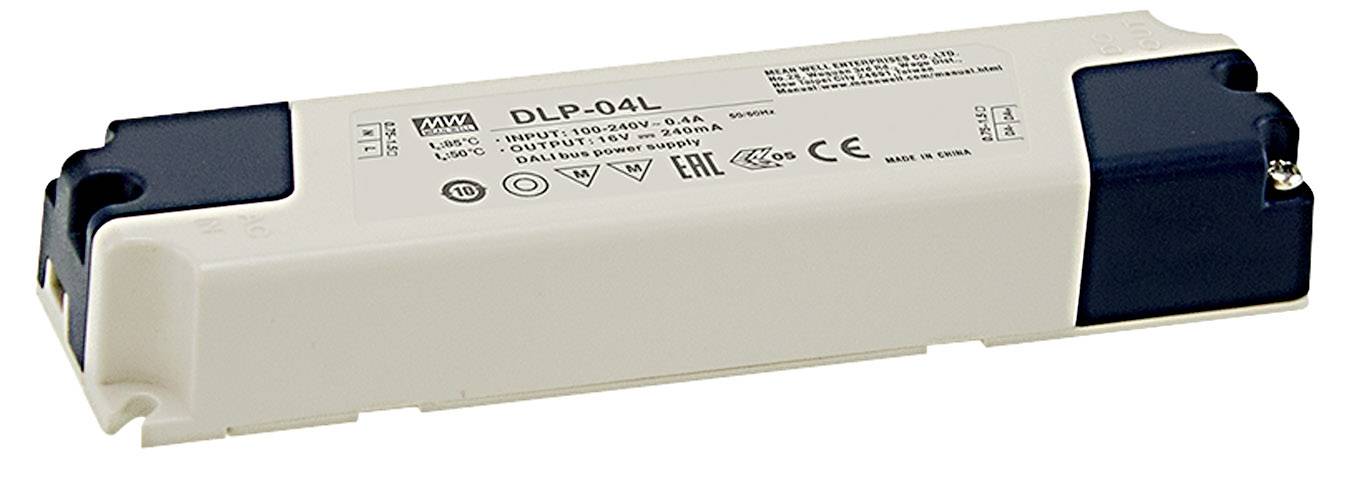 Rechteckiges, weiß-schwarzes technisches Gerät mit Aufdruck 'DLP-04L' in der Mitte. verwendet zur Stromversorgung oder Steuerung.