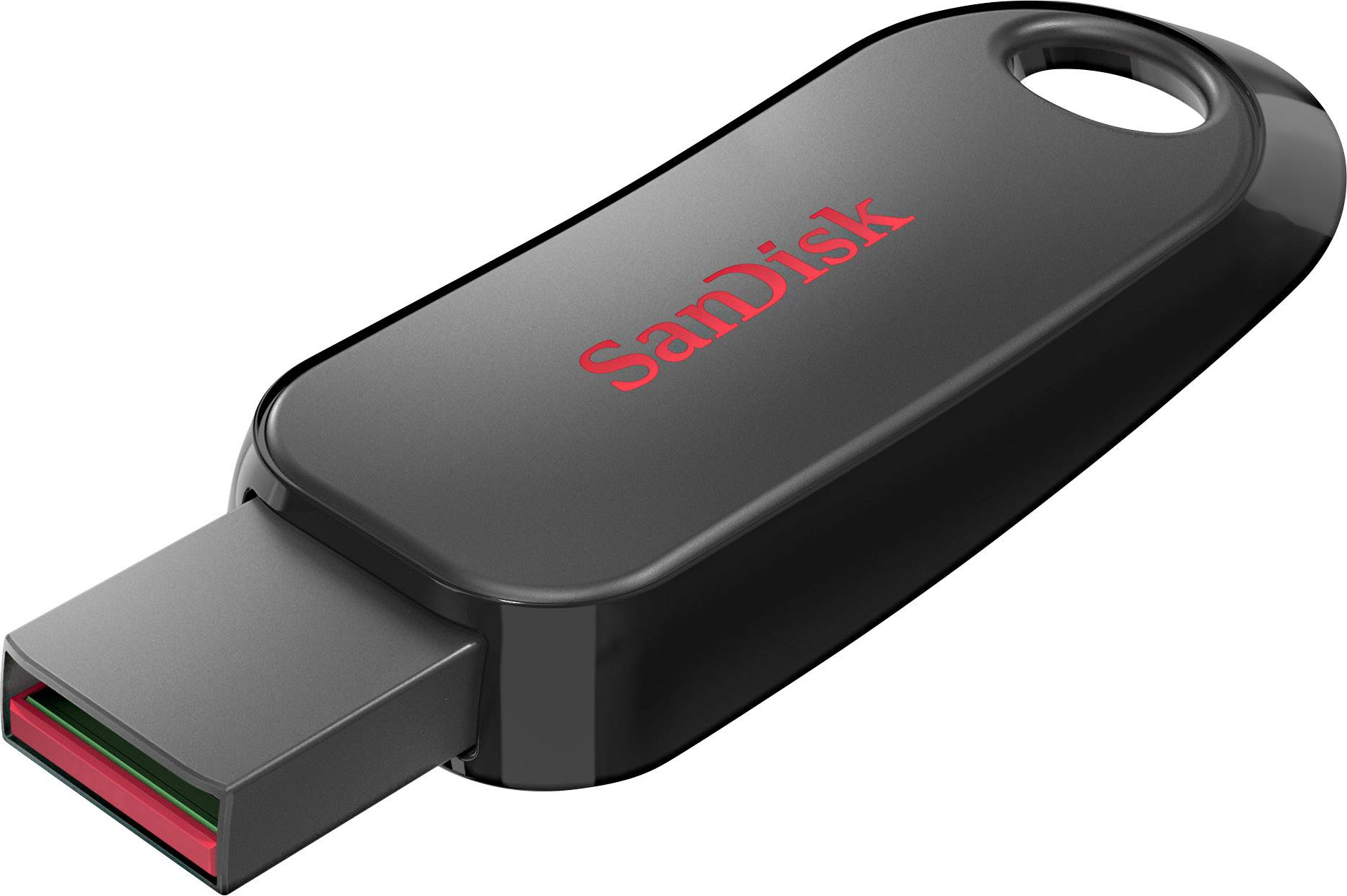 Ein schwarzer USB-Stick der Marke SanDisk mit rotem Logo, ausfahrbarem Anschluss und Loch für Schlüsselanhänger.