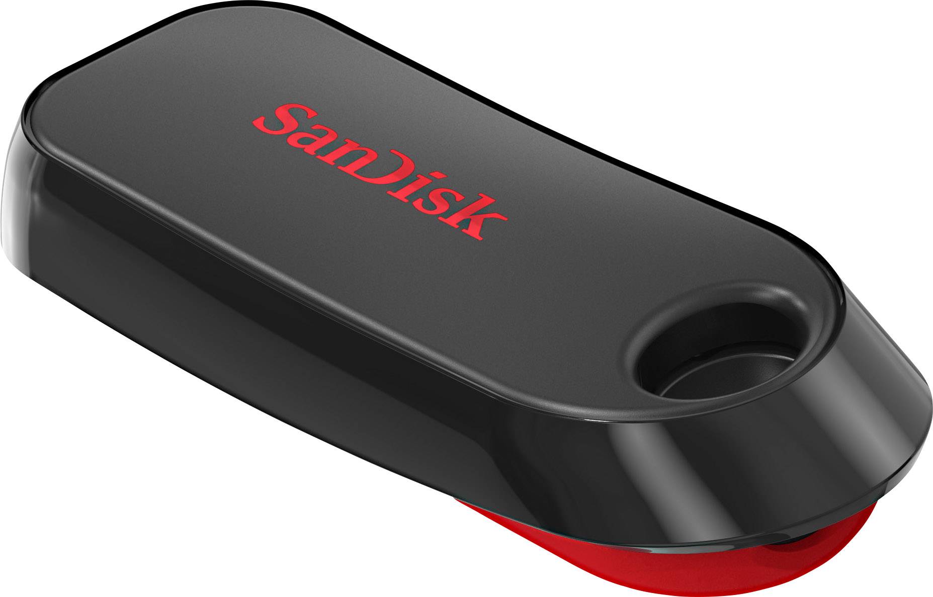 Ein schwarzer SanDisk USB-Stick mit rotem Schriftzug und einem Loch zur Befestigung.