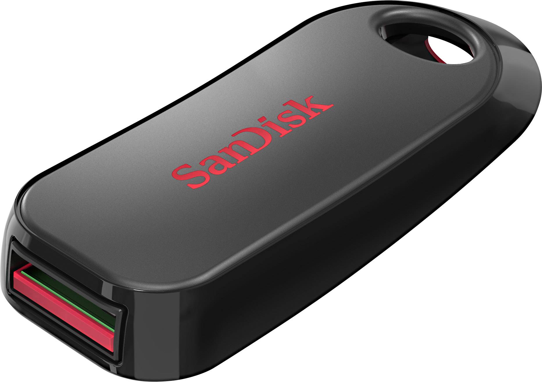 Ein schwarzer USB-Stick von SanDisk mit einer roten Schrift, gelegen auf einer weißen Oberfläche.