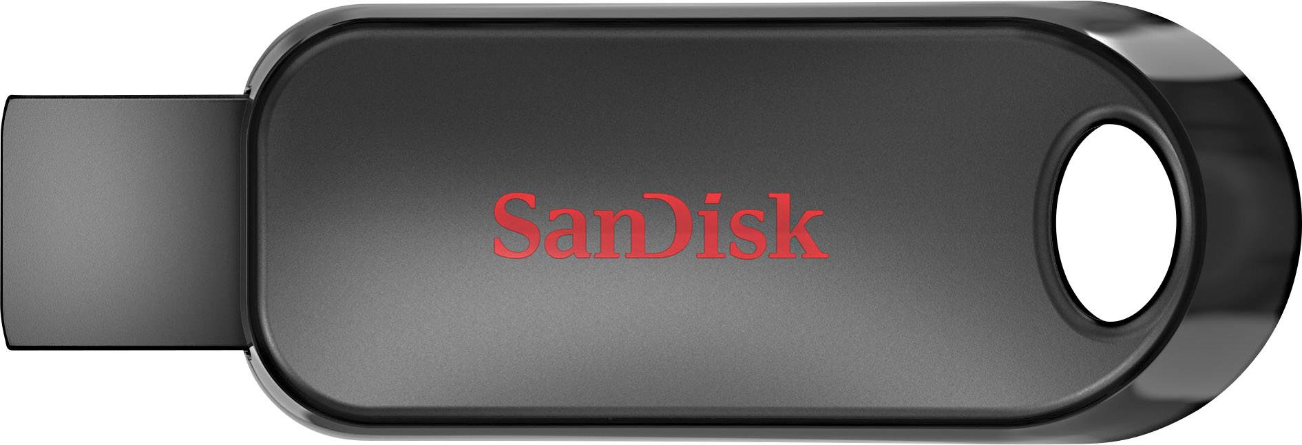 Ein schwarzer USB-Stick von SanDisk mit rotem Logo in der Mitte; hat ein Loch am Ende zum Befestigen eines Schlüsselbands.