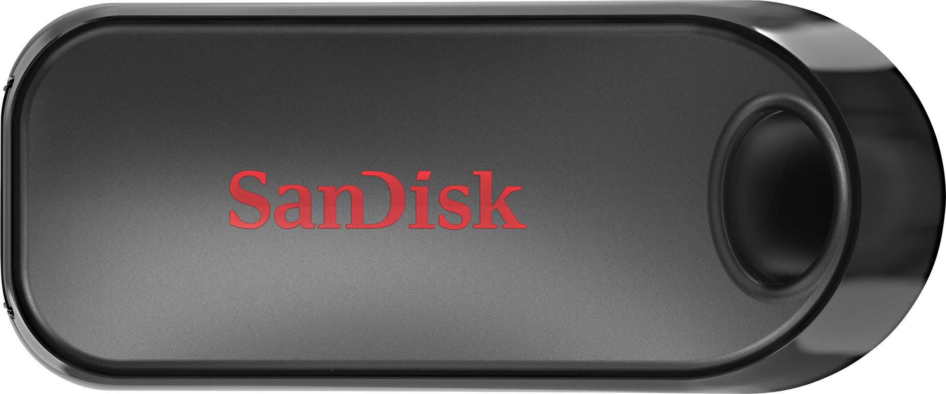 Ein schwarzer USB-Stick der Marke SanDisk. Der Markenname ist in roter Schrift auf der Oberseite des Sticks sichtbar.