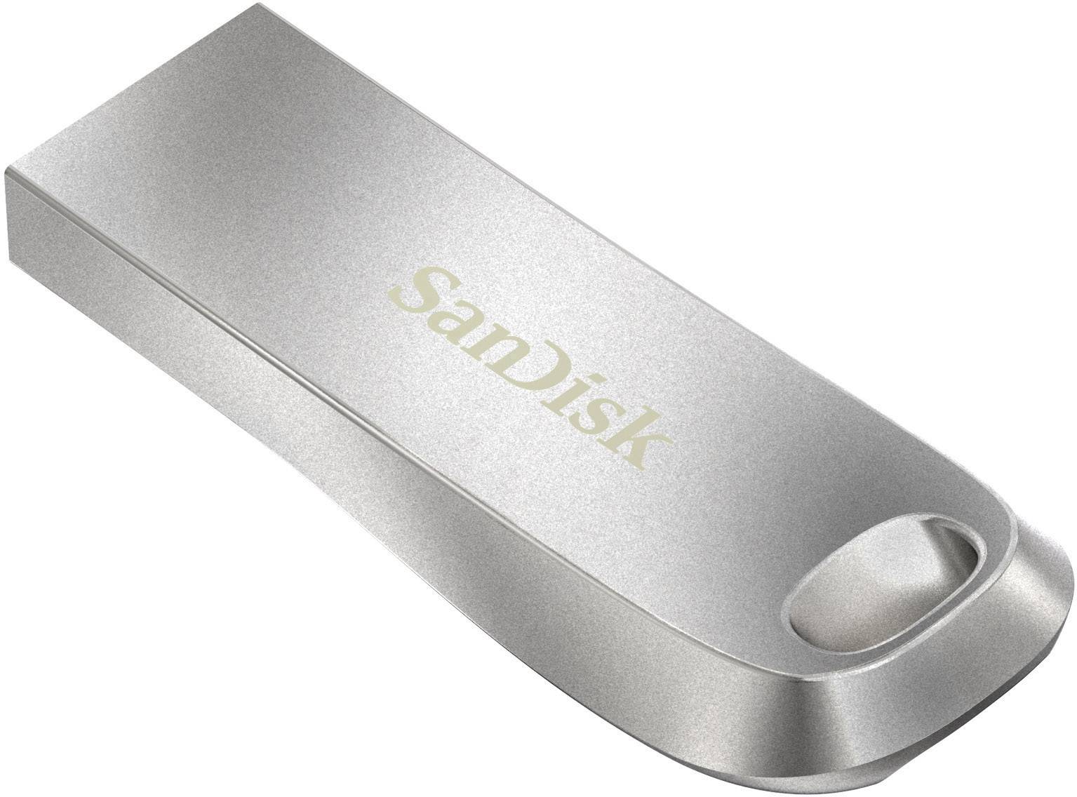 USB-Stick in Metalloptik mit 'SanDisk'-Logo, kompakt und ohne sichtbare Anschlüsse, geeignet für tragbare Datenspeicherung.