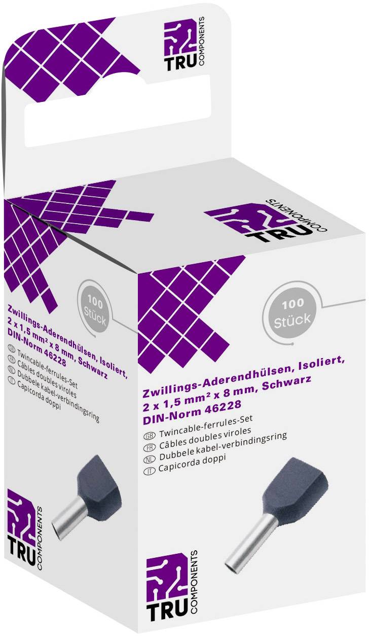 TRU COMPONENTS T1906C155 Zwillings-Aderendhülse 1.5 mm² Teilisoliert Schwarz 100 St.