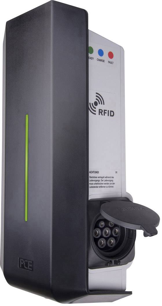 Lademodul für Elektrofahrzeuge mit RFID-Scanner und Steckdose, an der Vorderseite ein grünes Licht zur Betriebsanzeige.