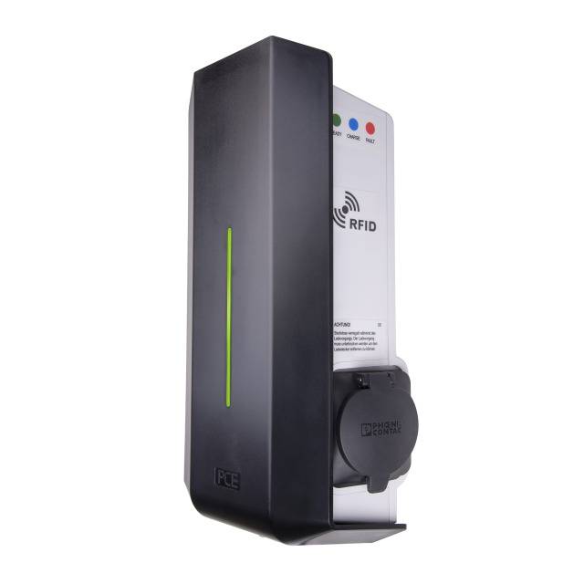 Ein RFID-Lesegerät zur Zugangskontrolle. Das Gerät hat drei Statuslichter und eine Steckdose unten. Es ist schwarz und weiß.