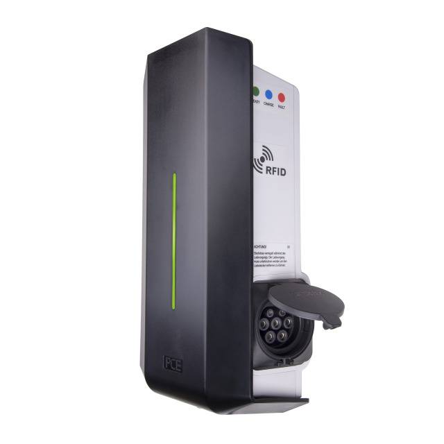 Ein RFID-Lesegerät mit einer LED-Leiste für Statusanzeigen. Es hat einen runden Tastenbereich und einen Steckplatz für Karten.