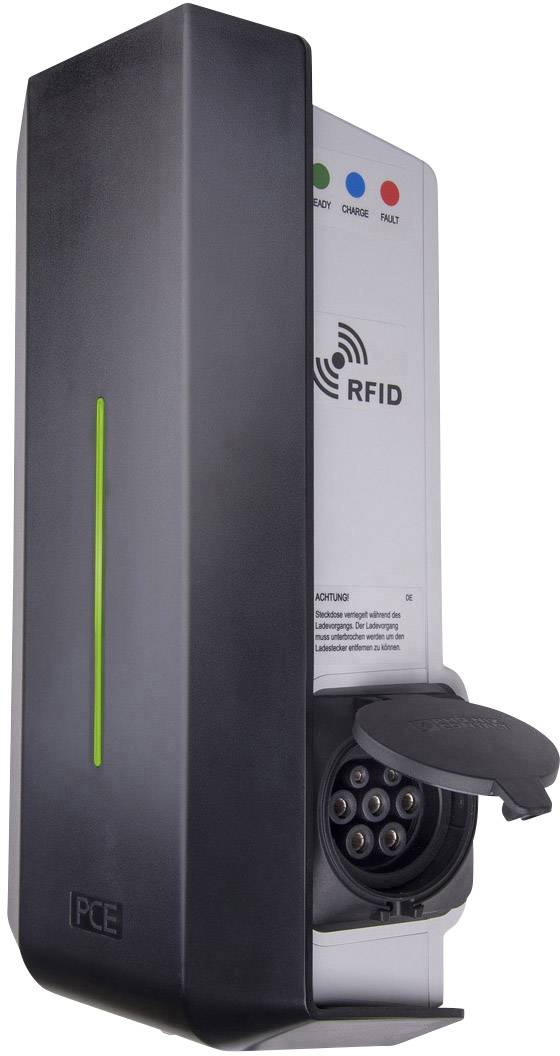 Ladestation mit RFID-Technologie, schwarzes Gehäuse, Status-LEDs oben, geöffnete Klappe zeigt Steckdose für Elektrofahrzeuge.