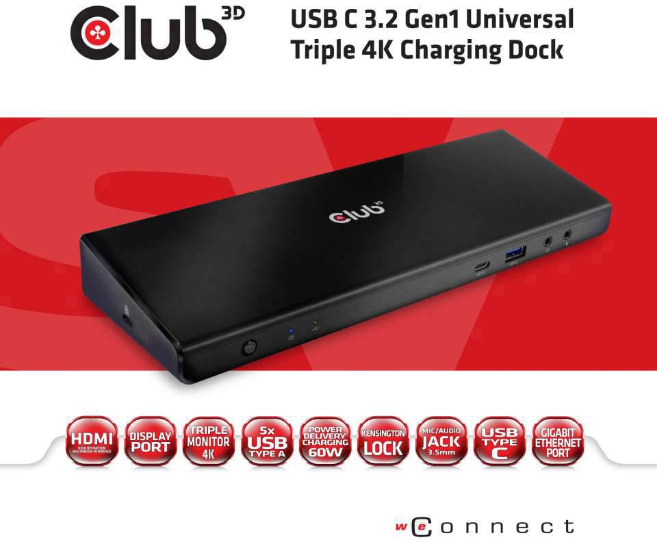 Club3D USB-C® Dockingstation USB-C™ 3.2 Gen1 Universal Triple 4K Charging Dock Passend für Marke Dockingstations: Universal inkl