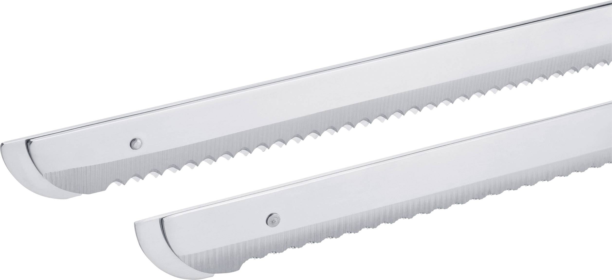 Zwei gezackte Brotmesser mit scharfen Klingen. Ideal zum Schneiden von Brot und Gebäck. Sie glänzen silbrig und sind glatt verarbeitet.