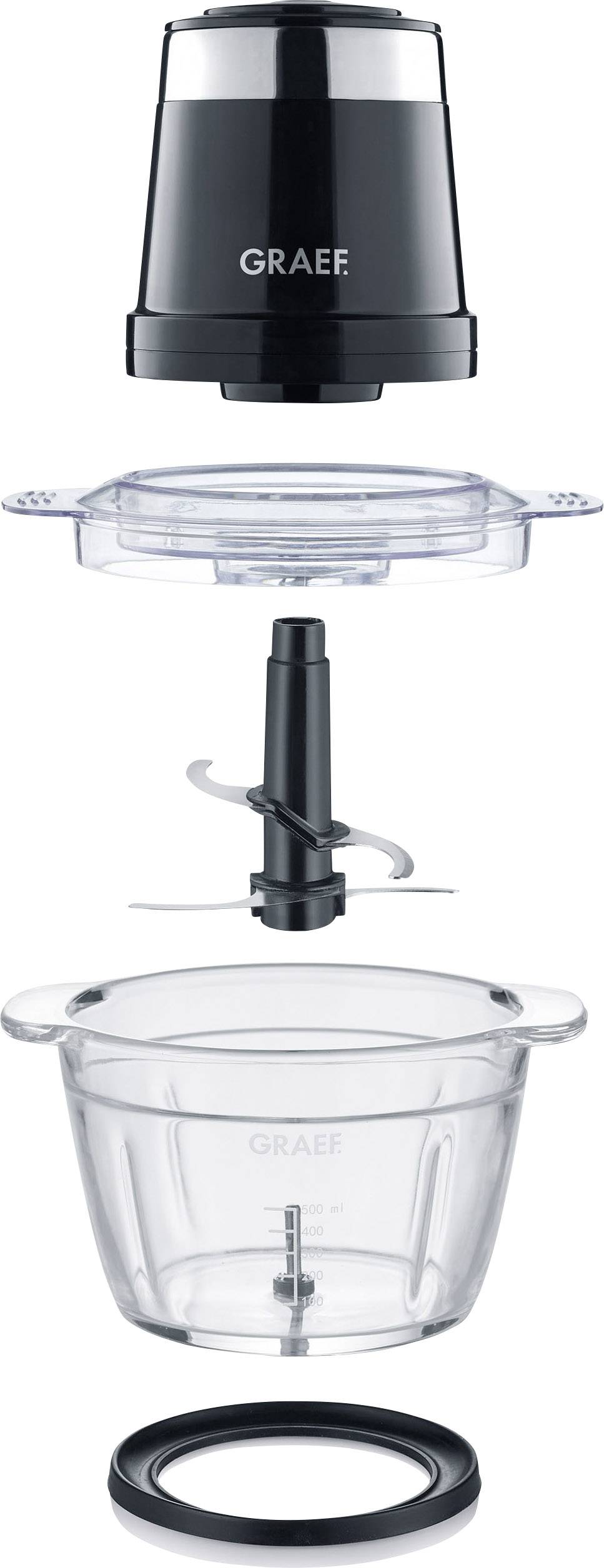 Explodierte Ansicht eines Küchenmixers mit Deckel, Klingen und Behälter in separaten Teilen. Hauptkomponenten sind der Motor, die Klingen und die Schüssel.