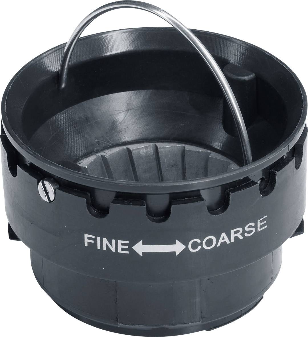 Schwarzer Kaffeebohnen-Mahlgrad-Einsteller mit einer Skala von 'FINE' bis 'COARSE', verwendet für die Anpassung der Mahlstärke.