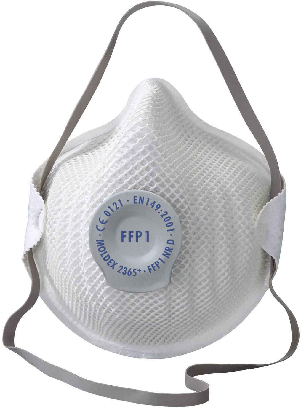 FFP1 Atemschutzmaske, weiß, mit elastischen Bändern und blauer Aufschrift in der Mitte. Schützt vor ungiftigen Stäuben.