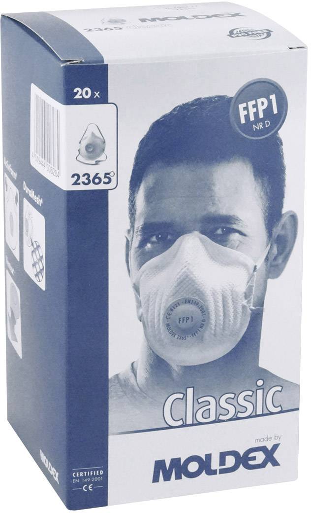 Ein Mann trägt eine weiße FFP1-Atemschutzmaske. Verpackung zeigt Markenname 'Moldex', Modellnummer '2365', und Packungsgröße '20'.