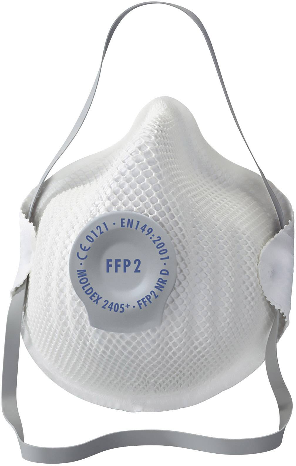 FFP2-Schutzmaske, weiß mit elastischen Bändern, verwendet zum Filtern von Partikeln in der Luft. Geprüft nach Normen CE 0121, EN 149:2001.