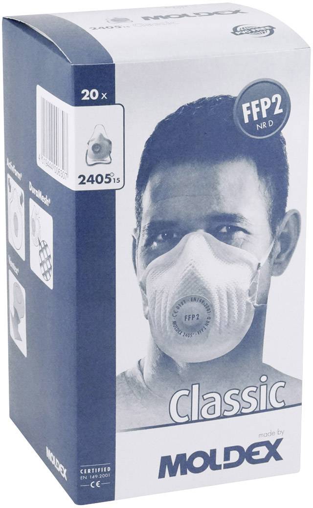 Eine Verpackung mit 20 FFP2-Atemschutzmasken, Marke Moldex. Auf der Vorderseite ist ein Mann abgebildet, der die Maske trägt.