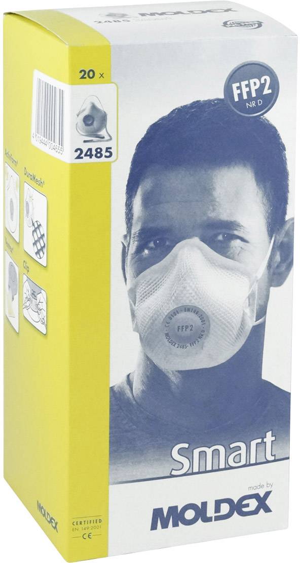 Verpackung einer Moldex FFP2 Maske, Modell 2485, für Atemschutz; Abbildung eines maskentragenden Mannes; 20 Stück pro Packung.