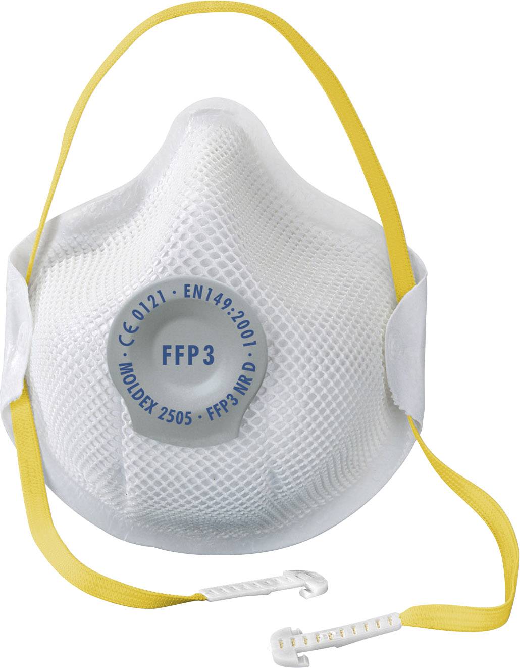 Weiße FFP3-Maske mit gelben Bändern und Ventil, geeignet für Schutz gegen feine Partikel und Aerosole.