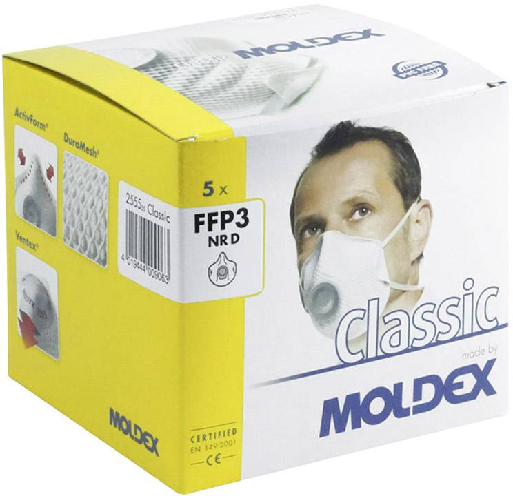 Verpackung von FFP3 NR D Atemschutzmasken von Moldex. Zeigt eine Person mit Maske. Enthält 5 Stück. Zertifiziert nach EN 149:2001.