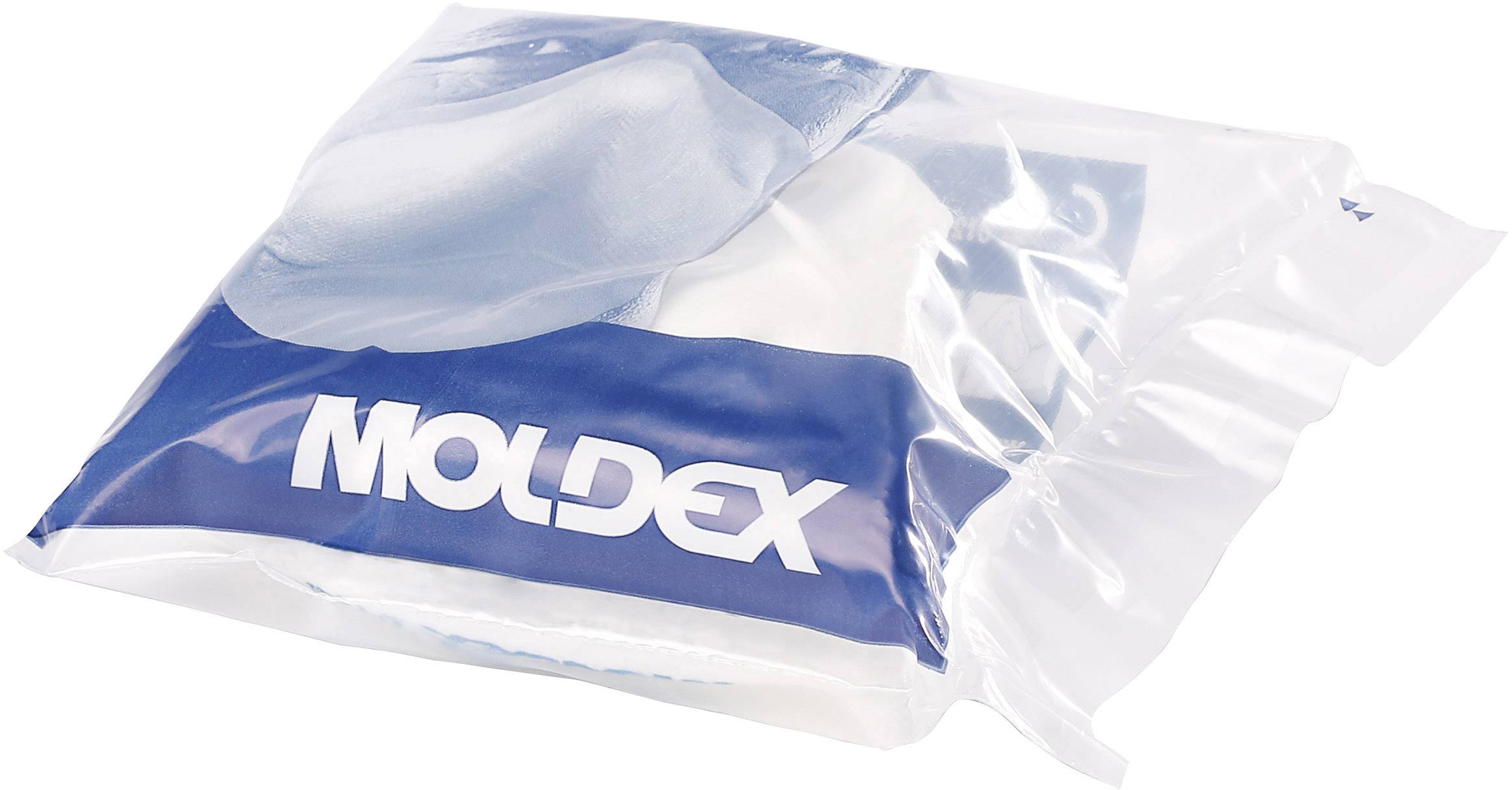 Verpackung einer Atemschutzmaske der Marke Moldex, in durchsichtiger Tüte mit blauem Etikett, zeigt Bild einer Maske.