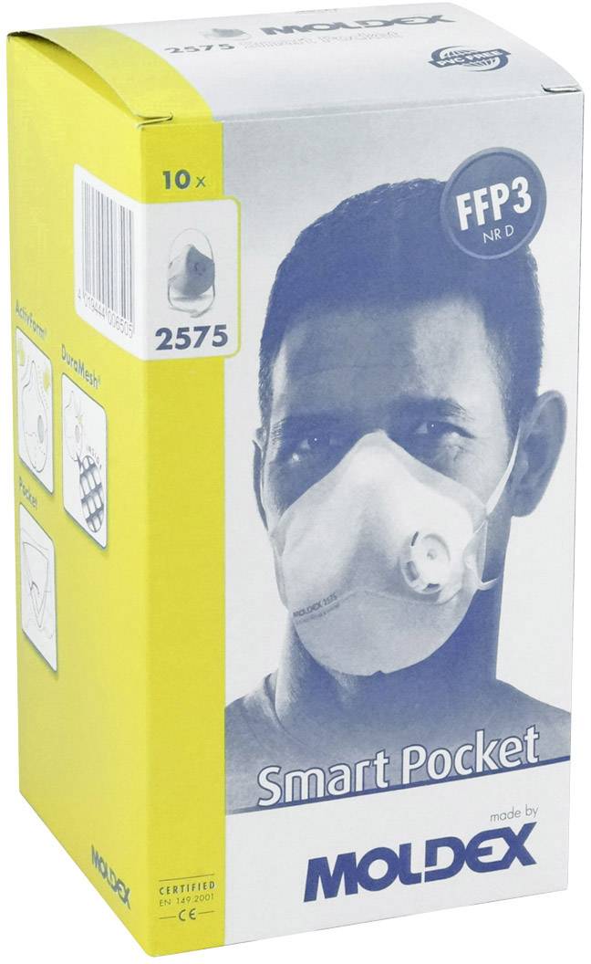Verpackung für 10 FFP3 NR D Atemschutzmasken der Marke Moldex. Etikett zeigt getragenen Atemschutz mit der Modellnummer 2575.