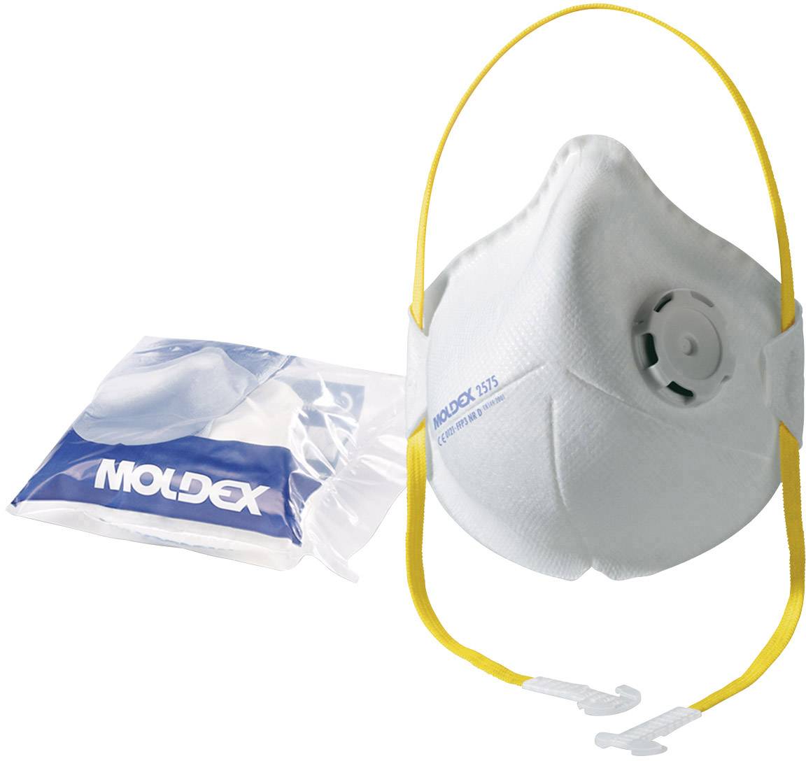Atemschutzmaske mit Ventil und gelben Bändern, daneben verpackte Ersatzmasken der Marke 'Moldex'.