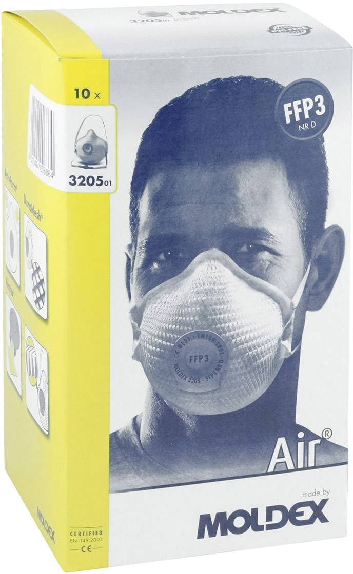 Verpackung von Moldex Atemschutzmaske FFP3, zeigt einen Mann mit Maske. Enthält 10 Masken, Modellnummer 3205, hochwertiger Schutz.