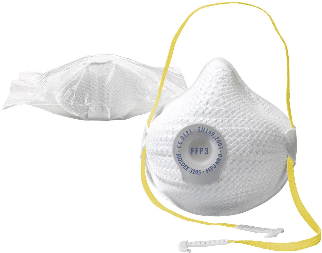 Eine FFP3-Atemschutzmaske mit elastischen gelben Bändern zur Befestigung. Daneben eine eingepackte Maske in transparenter Verpackung.