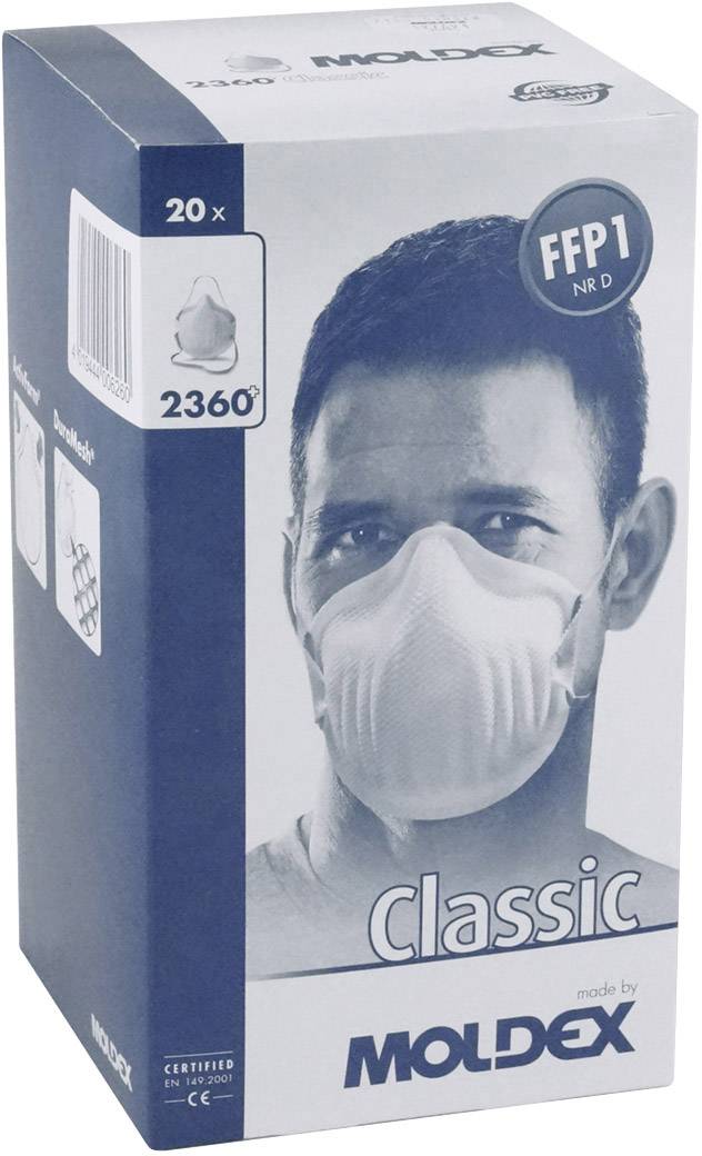 Verpackung von Moldex FFP1 Atemschutzmasken, 20 Stück, CE-zertifiziert, zeigt Bild eines Mannes mit Maske.