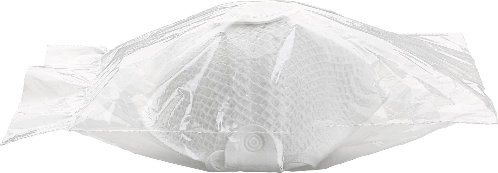 Eine weiße, runde Schutzmaske in einem durchsichtigen Plastikbeutel, zentral ausgerichtet.