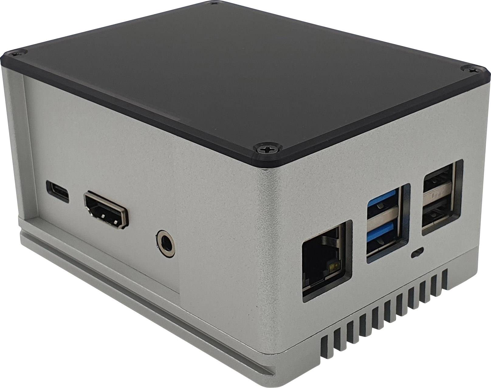 Ein kleiner, rechteckiger Mini-PC in einem silbernen Gehäuse mit mehreren Anschlüssen, darunter USB, HDMI und Ethernet.