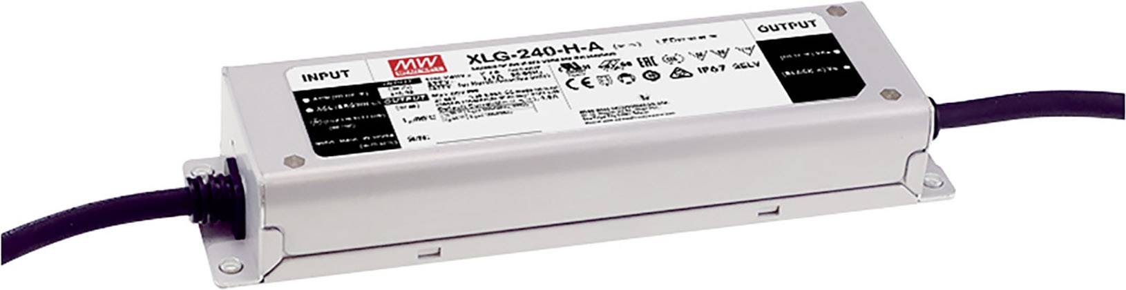 LED-Treiber Meanwell XLG-240-H-A, Rechteckgehäuse mit Kabeln an beiden Enden. Eignet sich zur Stromversorgung von LEDs, IP-Schutzart.