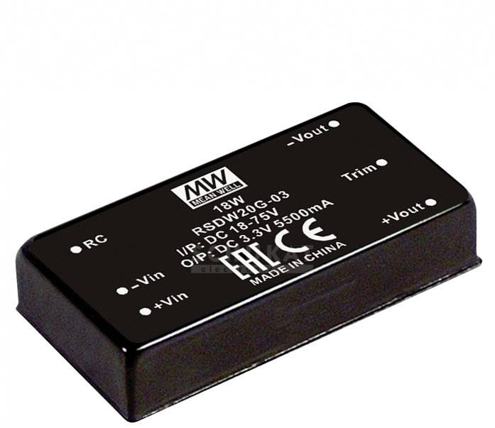 Ein rechteckiger elektronischer Baustein mit der Aufschrift '18W RSDW20G-03' und technischen Spezifikationen, einschließlich Spannung und Strom.