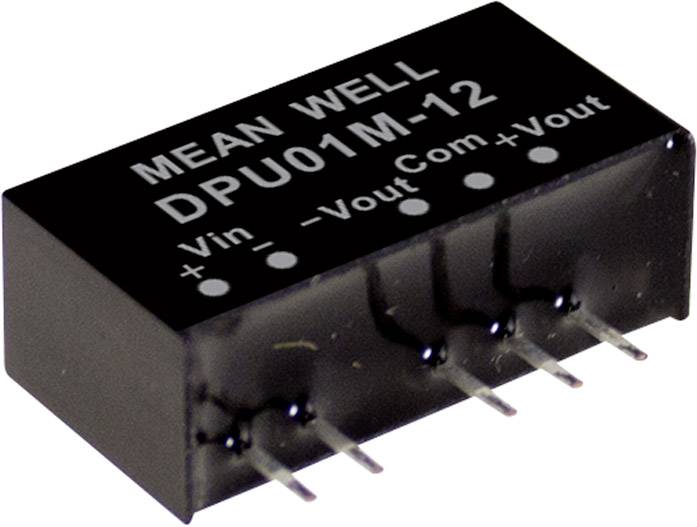 Ein schwarzes elektronisches Bauteil mit der Aufschrift 'MEAN WELL DPU01M-12', zeigt Anschlüsse für Vin, Vout, Com sowie Polarität.