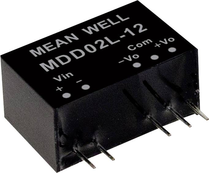 Ein schwarzer elektronischer Bauteil mit der Aufschrift 'MEAN WELL MDD02L-12', zeigt Verbindungspins und Markierungen für 'Vin', 'Com', '-Vo', '+Vo'.