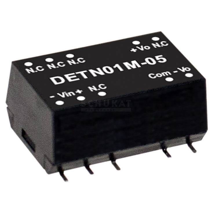 Ein rechteckiger elektronischer Bauteil mit der Aufschrift 'DETN01M-05' zeigt Anschlüsse für '+Vin', 'N.C.' und '+Vo'.