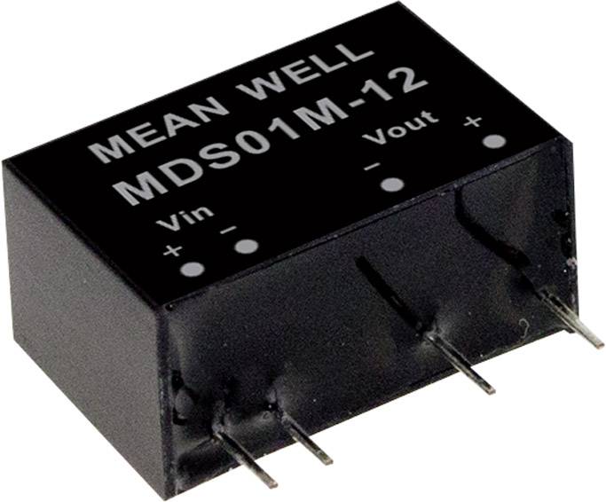 Schwarzes elektronisches Bauteil mit der Aufschrift 'MEAN WELL MDS01M-12'. Pins unten zur Montage. Verwendet für elektrische Verbindungen.