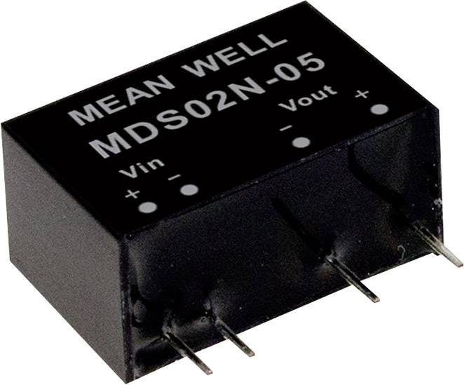 Schwarzes Elektronikbauteil mit der Aufschrift 'MEAN WELL MDS02N-05', zeigt Anschlüsse für Vin, Vout, und polaritätsbezogene Symbole.