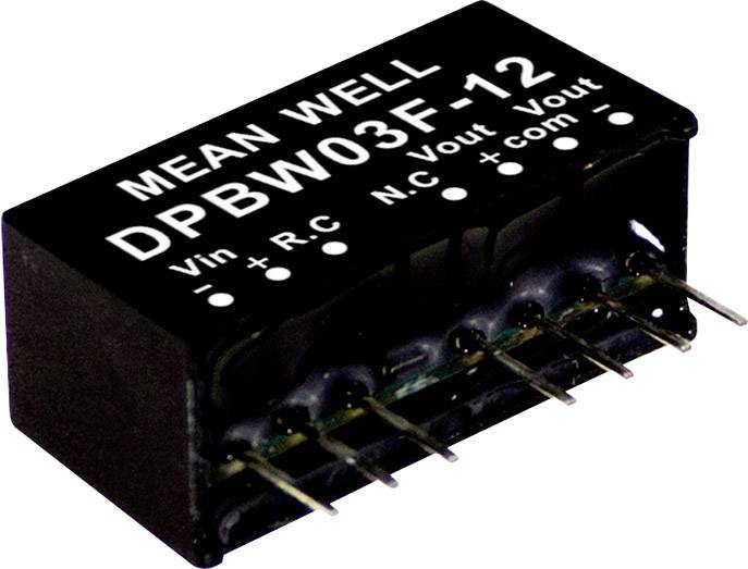 Schwarzer elektronischer Bauteil mit der Aufschrift 'MEAN WELL DPBW03F-12', zeigt Pins für 'Vin', 'RC', 'NC', '+Vout', '-Vout'.