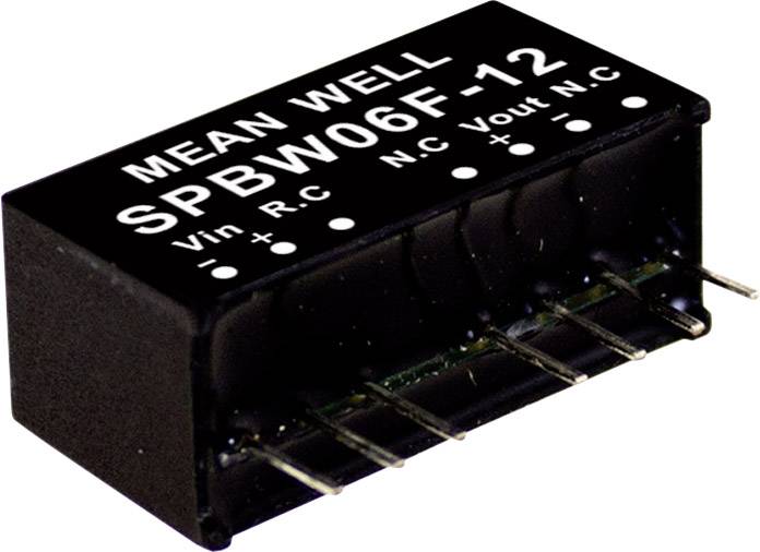 Ein schwarzer elektronischer Bauteil mit Aufschrift 'MEAN WELL SPBW06F-12', zeigt Pins für Vin, Vout und N.C. auf der Unterseite.